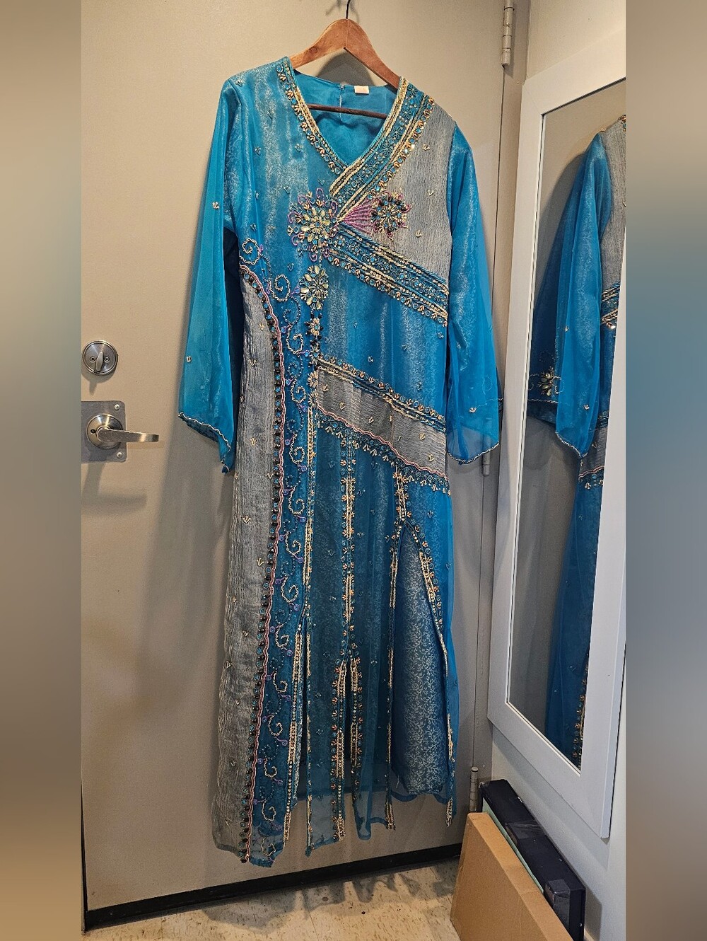 Embroidered Teal Long Sleeve V-Neck Women’s Dress